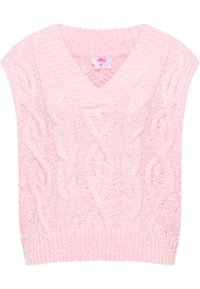 Roze gebreide vest met een V-hals, voorzien van een kabelbreipatroon en een geribbelde zoom. Korte mouwen en een zachte textuur zijn opmerkelijke details.