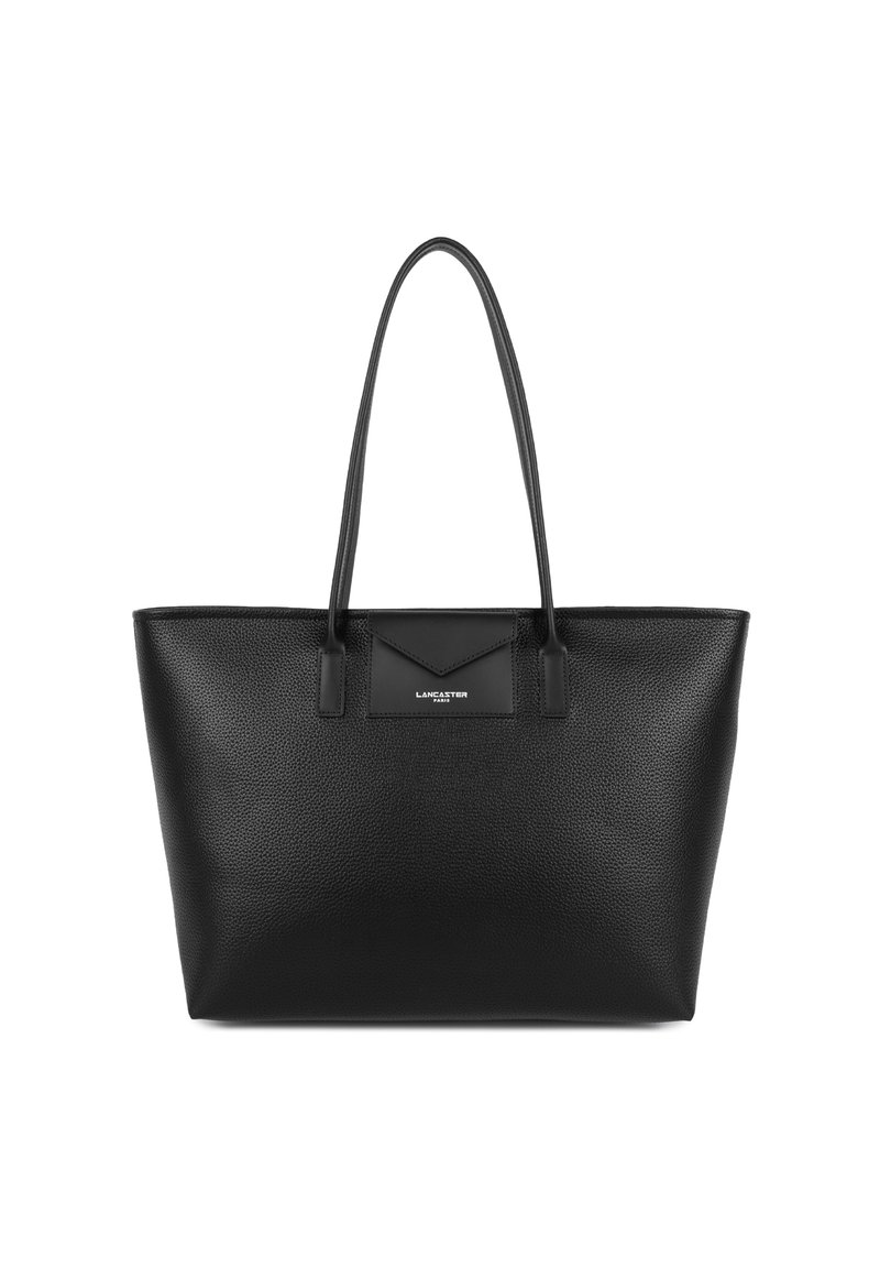 Black leather tote bag with a pebbled texture, featuring two long handles and a front pocket with a brand logo. Simple, rectangular design.