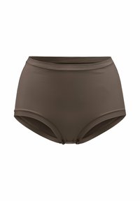 Korkeavyötiiset uimapikkarit tummanruskeana, joissa on sileä pinta, leveä vyötärönauha ja huomaamattomat sivukoristeet.