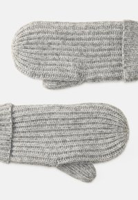Gehaakte grijze wanten met een geribbelde textuur, ronde punten en een omgeslagen ontwerp. Gemaakt van warm, flexibel wolmixmateriaal.