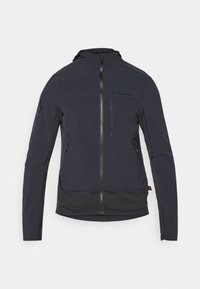 Čierna bunda na zips s vysokým golierom, s textúrovaným pásom a bočnými vreckami. Vyrobená z hladkého, elastického materiálu.