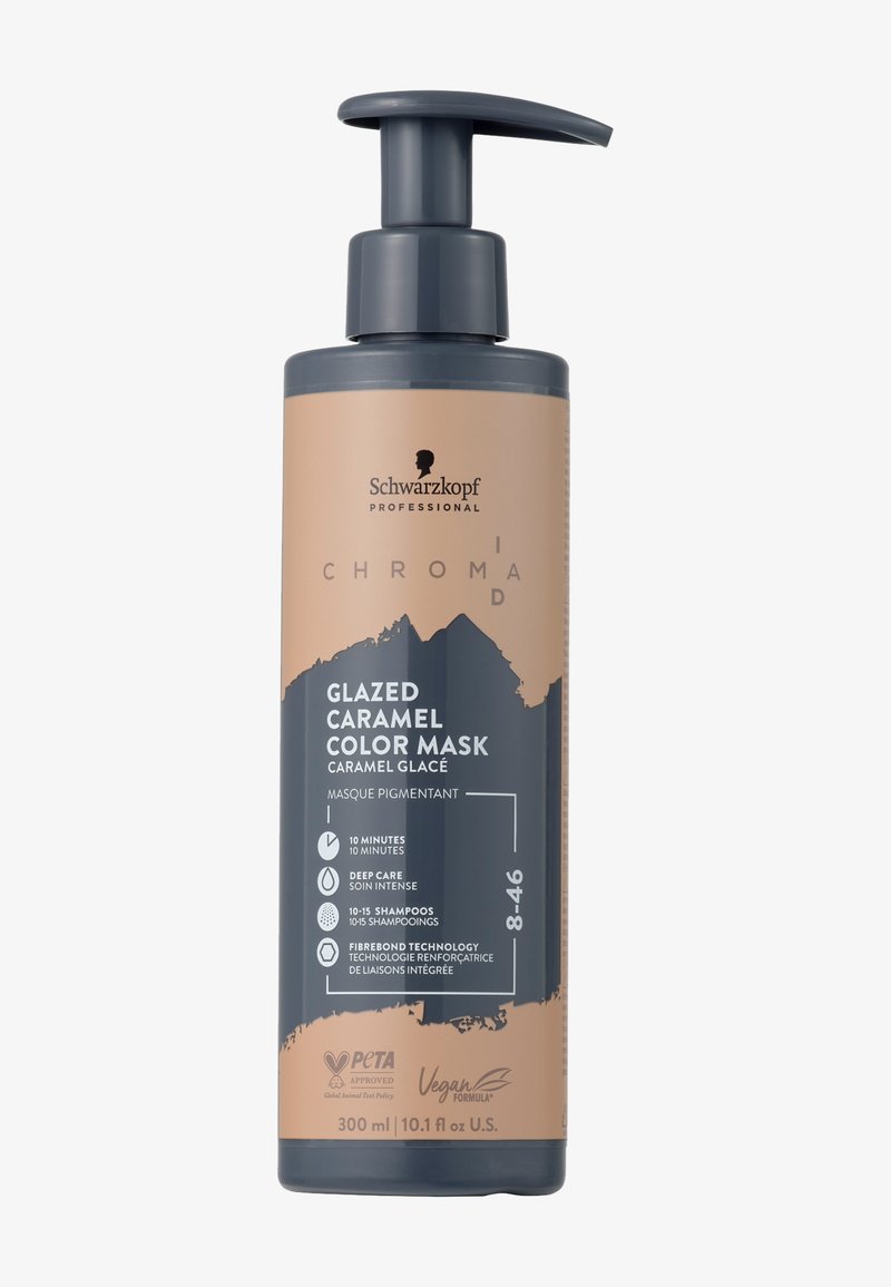Schwarzkopf color mask i en 300 ml pumpflaska. Beige och grå design med text som beskriver funktion, användning och vegan-certifiering.