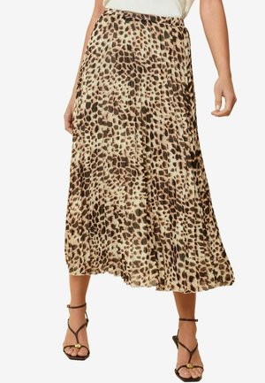 Lepelprint geplooide midi-rok in tan en bruin, met een zachte stof en vloeiende ontwerp, voorzien van een gegatherde tailleband voor een goede pasvorm.