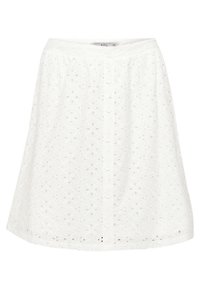 Vit bomullskjol med broderimönster, en utsvängd form och framknäppning med knappar. Texturerad tyg med ögla detaljer.