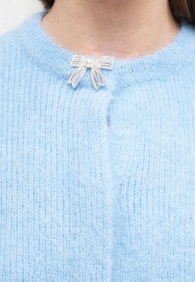 Ασημένιο καρφί τριαντάφυλλου με στρας και μαργαριτάρι στο κέντρο, στερεωμένο στο γιακά ενός ελαφρώς μπλε πλεκτού πουλόβερ που φοριέται από άτομο