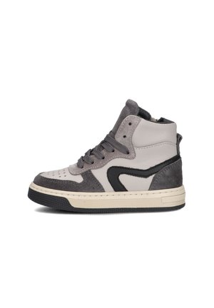High-top sneakers featuring gray leather and suede, perforated toe box, thick black rubber sole, and contrasting black accents on the sides.