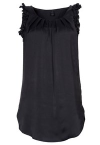 Czarna bluzka bez rękawów z falbaniastymi akcentami na ramionach, wykonana z miękkiego, gładkiego materiału, z okrągłym dekoltem i luźnym krojem.
