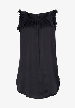 Black sleeveless blouse with ruffled accents on shoulders, featuring soft, smooth fabric, a round neck, and a relaxed fit.