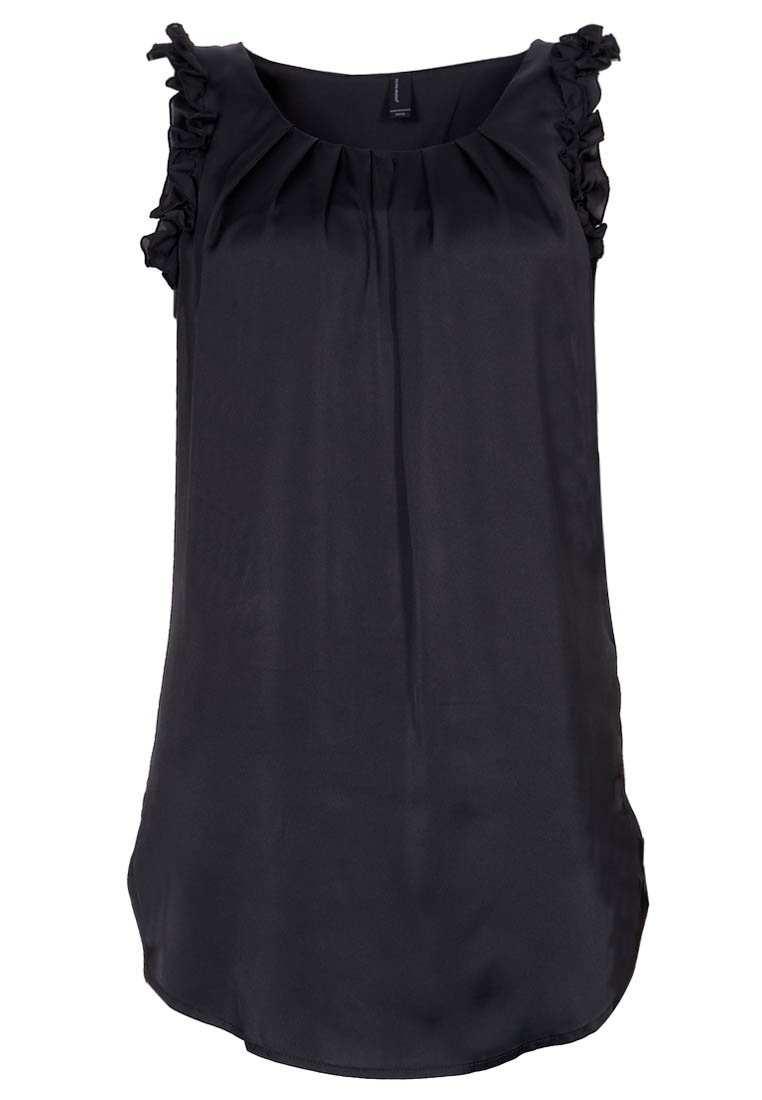 Czarna bluzka bez rękawów z falbaniastymi akcentami na ramionach, wykonana z miękkiego, gładkiego materiału, z okrągłym dekoltem i luźnym krojem.