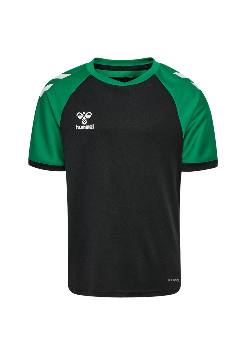 Schwarzes Sportshirt mit grünen Raglanärmeln. Verfügt über einen Rundhalsausschnitt und ein weißes Logo auf der Vorderseite. Hergestellt aus leichtem, atmungsaktivem Stoff.