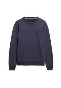 Mørkeblå sweatshirt lavet af bomuldsblanding, med en ribbet rund halsudskæring, lange ærmer og et lille præget "SUPERDRY ATHLETICS" logo.