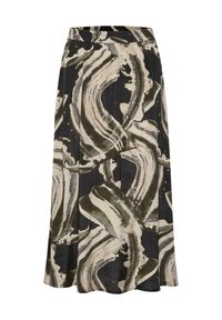 Une longue jupe présentant un motif tourbillonnant en noir, crème et vert olive. Fabriquée en tissu léger avec une ceinture élastique.