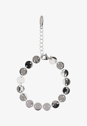 Hopeinen rannekoru, jossa on pieniä pyöreitä, kiiltäviä ja litteitä levyjä, jotka on yhdistetty toisiinsa, sekä säädettävä ketju ja papukaijalukko.