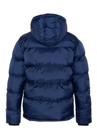 Marineblaue Steppjacke mit Kapuze, einem gesteppten Design und gerippten Bündchen. Der Stoff ist glänzend und glatt und weist horizontale Segmente auf.