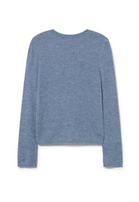 Suéter de punto de manga larga en azul suave, con cuello redondo, diseño liso y puños y dobladillo acanalados, mostrado de forma plana desde atrás.