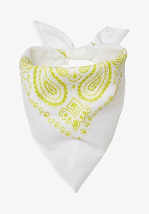 Bandana i hvid bomuld med et limegrønt paisley mønster, har spidse ender og snore til sikker fastgørelse. Blød struktur.