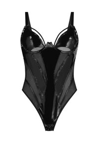 Černý body s lesklými panely a průhlednými akcenty, s hlubokým výstřihem a tenkými nastavitelnými ramínky. Texturovaný design se švy.