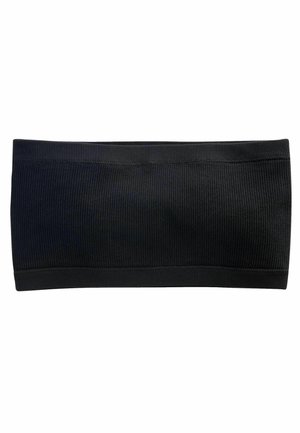 Schwarzes, geripptes Stoffhaarband mit breitem Design und elastischem Abschluss. Glatte Textur und einheitliche Farbe auf der gesamten Oberfläche.