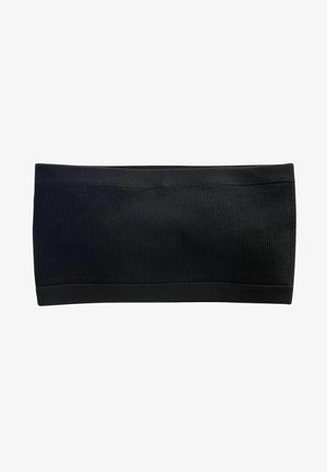Zwarte geribbelde stoffen hoofdband met een brede ontwerp en elastische afwerking. Glad textuur en consistente kleur over het oppervlak.