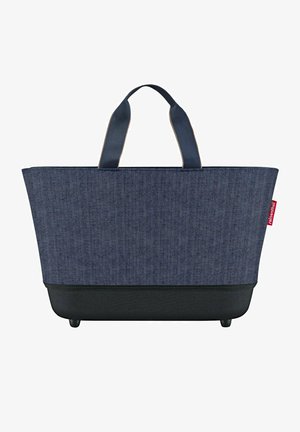 Borsa a tracolla in tessuto a spina di pesce blu navy con fondo nero, due manici e una piccola etichetta rossa. Design robusto con una forma strutturata.