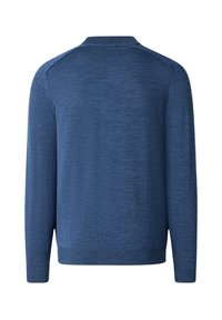 Maglione blu lavorato a maglia con colletto a girocollo, maniche lunghe e polsini e orlo a costine. Texture liscia con un sottile motivo melangiato.