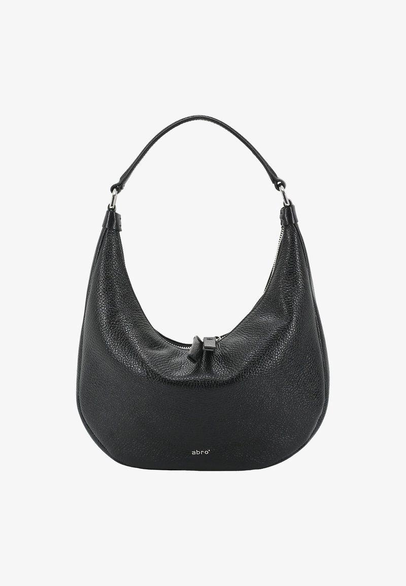 Schwarze Ledertasche mit einer runden Form, strukturierten Oberfläche, Reißverschluss und einem langen, einzelnen Schulterriemen. Auf der Vorderseite befindet sich der Markenname "abro".