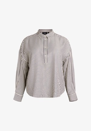 Camicia a maniche lunghe con colletto, a strisce verticali bianche e nere, con pettorina frontale con bottoni e polsini con bottoni.