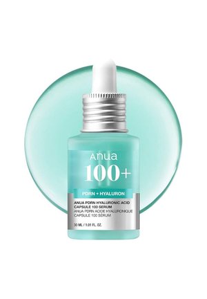 Flacon compte-gouttes de sérum Anua 100+ PDRN et acide hyaluronique avec liquide bleu clair et étiquette argentée, taille 30 ml.