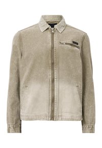 Veste marron clair délavée avec fermeture éclair intégrale à l'avant, col, poches latérales et petite poche zippée sur le côté droit de la poitrine.