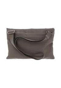 Dark brown textured fabric bag with a flat shape, featuring a long strap and subtle stitching details. Minimalist design with no hardware.