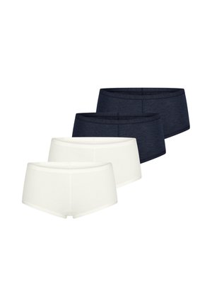 Twee paar witte en twee paar donkerblauwe hipsteronderbroeken voor vrouwen, in een verspringende rij op een witte achtergrond gerangschikt.