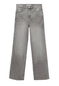 Sive kavbojke širokega kroja z zbledele barve, ki imajo visok pas, pet žepov in raztrgan rob na dnu.