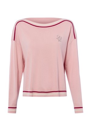 Rosa langärmliger Pullover mit weitem Ausschnitt, rot-weißen Streifen an Kragen, Bündchen und Saum sowie kleinem gesticktem Logo auf der Brust.