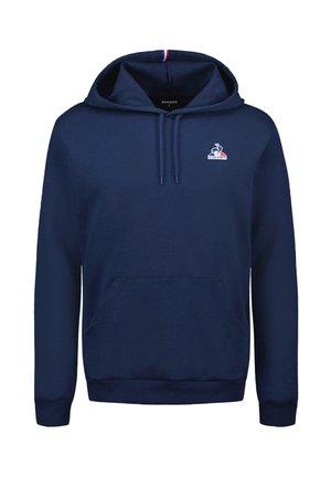 Felpa con cappuccio blu navy in cotone, con tasca a marsupio frontale e cappuccio con coulisse. Include un logo bianco sul petto e un accento tricolore.