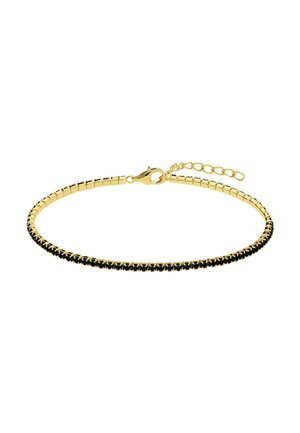 Armband in goudkleur met een flexibel, gebogen ontwerp met zwarte kristalaccenten, bevestigd met een karabijnsluiting en verstelbare ketting.