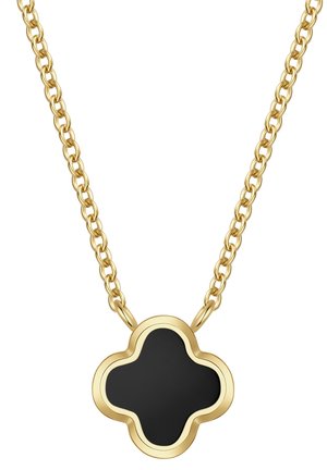 Collana con catenina d'oro e ciondolo a forma di quadrifoglio nero bordato d'oro.