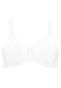 Soutien-gorge blanc avec texture à côtes horizontales, soutien-gorge à armatures, bretelles réglables et design sans couture. Tissu doux et lisse.