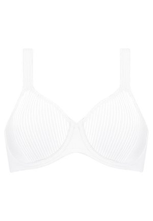 Bílá podprsenka s horizontálně žebrovanou strukturou, s kosticemi, nastavitelné ramínka a bezšvým designem. Měkká, hladká tkanina.