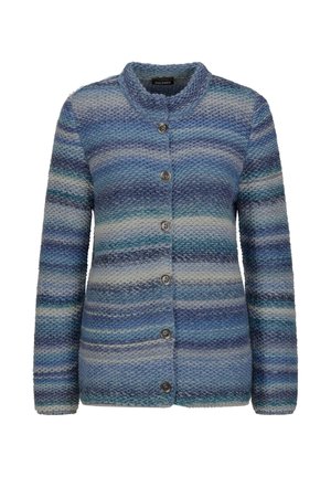 Strickjacke in Blau- und Weißstreifen, mit rundem Halsausschnitt, Knopfverschluss und gerippten Bündchen. Weicher Stoff und lockere Passform.