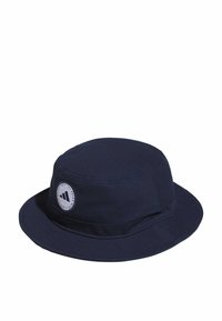 Navyblauwe bucket hat van katoen, met een ronde logo patch op de voorkant en een brede, slappe rand.