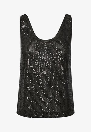 Zwarte tanktop met een ronde halslijn, bedekt met glanzende pailletten die een gestructureerd, reflecterend oppervlak creëren. Losse pasvorm zonder mouwen.