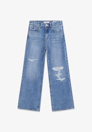 Jeans a gamba larga in denim azzurro chiaro con dettagli consumati. Presentano cinque tasche, chiusura con bottone e vestibilità dritta.