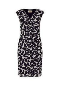 Robe noir et blanc avec un design enroulé, présentant un motif de feuilles abstrait, des manches courtes et une coupe ajustée. Texture de tissu douce.
