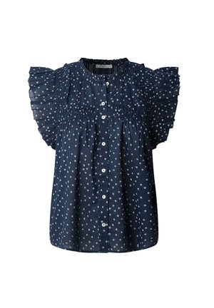Blusa navy con maniche a sbuffo, motivo a pois bianchi, chiusura con bottoni davanti, dettagli arricciati sul corpetto, tessuto leggero.