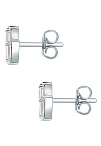 Silvriga studs med rektangulära klara kristaller, med en slät metallisk fäste och en dubbel ögla för säker bärning.