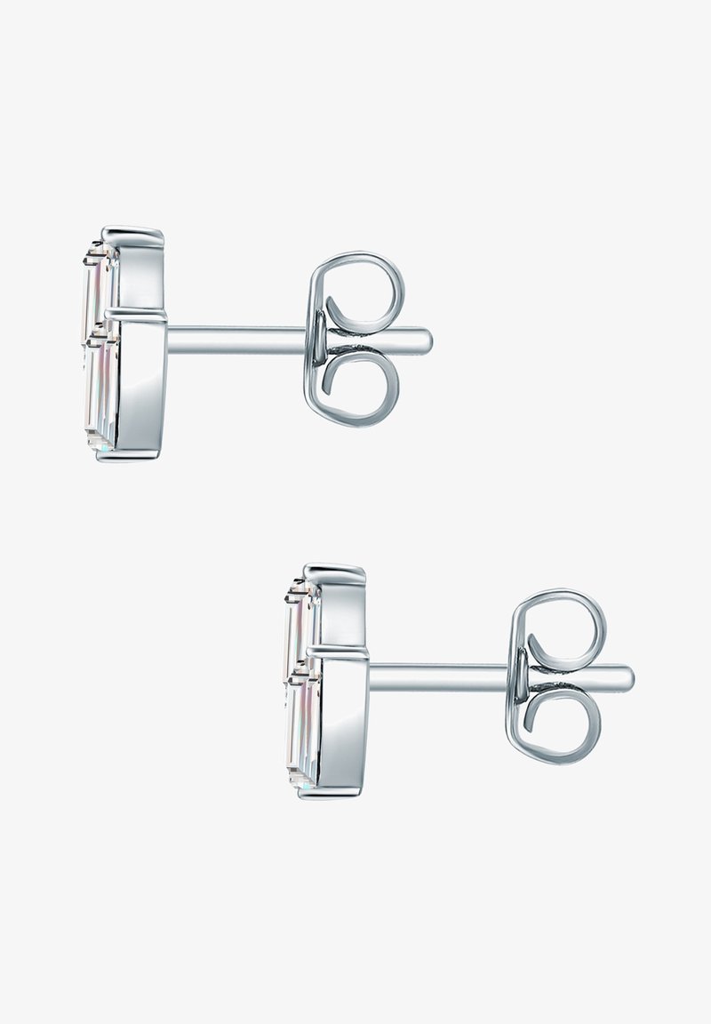 Sølv stiftøreringe med rektangulære klare krystaller, med en glat metallisk indstilling og en dobbelt-løkke bagdel for sikker bæring.