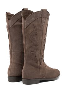 Botas de vaquero de gamuza marrón con costuras decorativas en llamas en los lados exteriores, que cuentan con una puntera redondeada y un tacón bajo para mayor estabilidad.