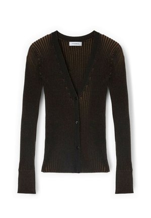 Cardigan negro de manga larga con ribetes, escote en V profundo y tres botones delanteros, ajuste entallado con puños extendidos.