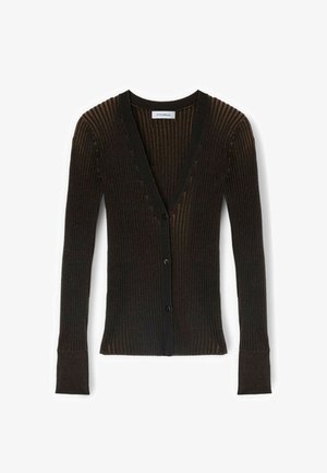 Cardigan noir côtelé à manches longues avec un col en V profond et trois boutons sur le devant, coupe slim avec des poignets allongés.