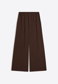 Pantalon marron à jambes larges avec taille élastique, devant plat et coupe ample et fluide.